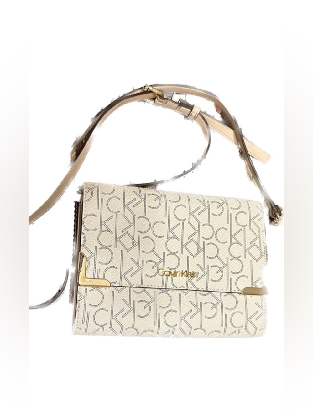 Calvin Klein Cream Monogram Crossbody Bag with Gold Accents